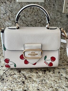 Coach White Leather Top-Handle Satchel with Red Cherry Print coach handbag